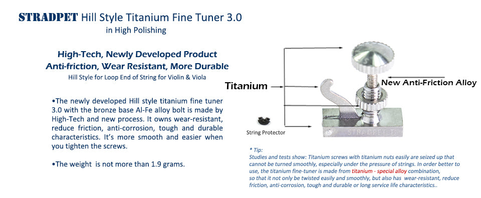 STRADPET British Style Titanium FineTuner, Violin Accessories, 4/4, Common Hook