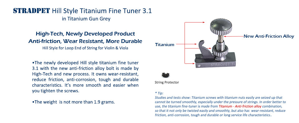 STRADPET British Style Titanium FineTuner with Special Alloy Bolt, Short Hook for Violin Maker