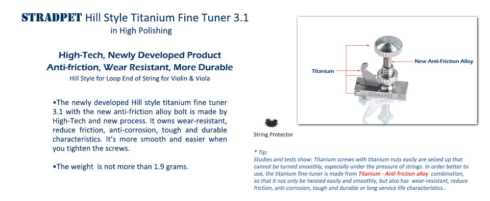 STRADPET British Style Titanium FineTuner with Special Alloy Bolt, Short Hook for Violin Maker