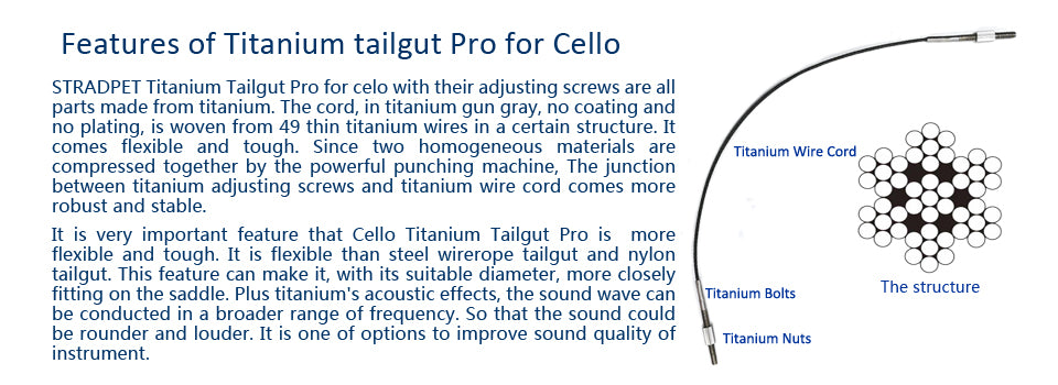 STRADPET Titanium Tailgut Pro for Cello with Titanium Screws, Flexible/Softer, Cello Accessories