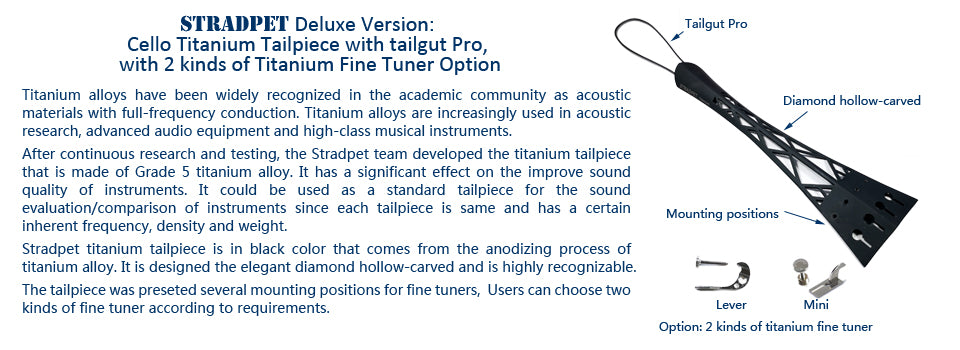 STRADPET Titanium Cello Tailpiece set with Tailgut Pro with 4 PCS Titanium Built-in Fine Tuners