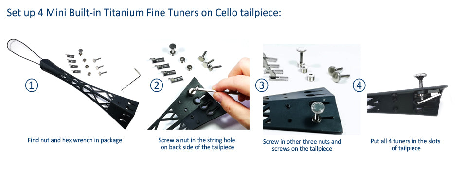 STRADPET Titanium Cello Tailpiece set with Tailgut Pro with 4 PCS Titanium Built-in Fine Tuners