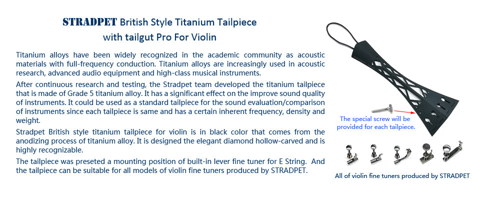 STRADPET British Style Titanium Tailpiece Set for violin with Titanium tailgut Pro, Optional with or without fine tuner