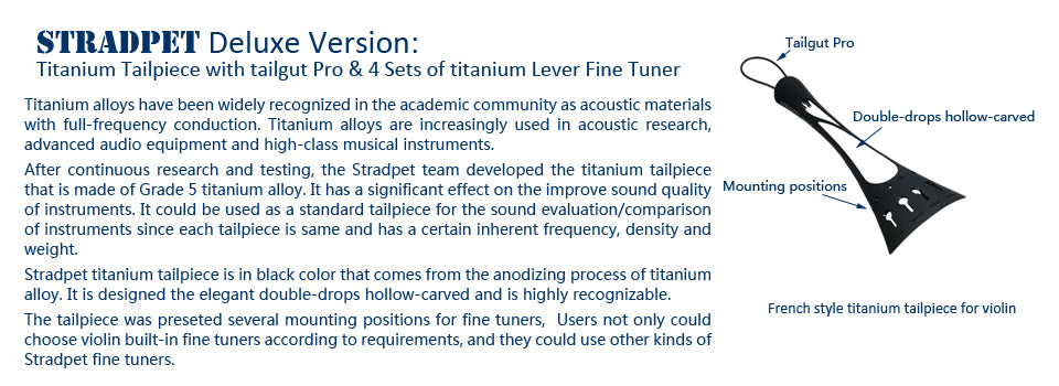 STRADPET French Style Titanium Tailpiece Set for violin with Titanium tailgut Pro, Optional with or without fine tuners