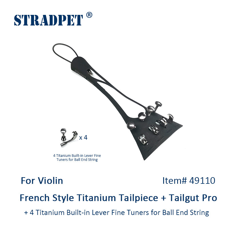 STRADPET French Style Titanium Tailpiece Set for violin with Titanium tailgut Pro, Optional with or without fine tuners