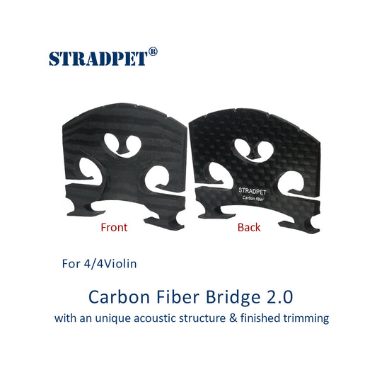 独自の音響構造を持つSTRADPET Carbon Fibre Bridge 2.0と4/4バイオリン用のトリミング済み